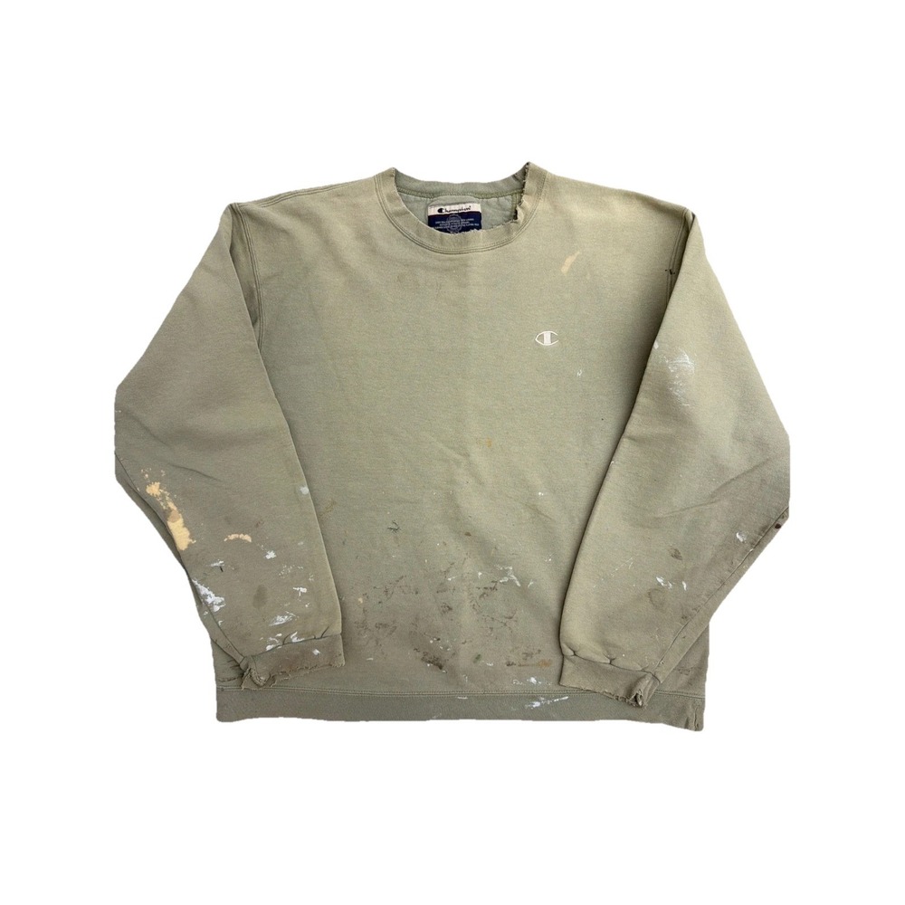 Champion Mens Vintage Distressed Paint Splatter Crewneck Sweatshirt Green Large